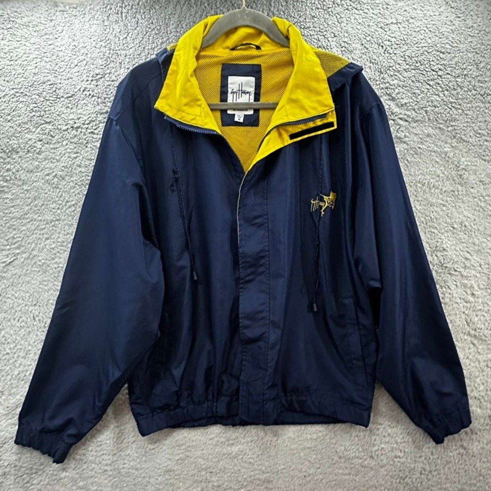 Guy Harvey AFTCO Men's Medium Bluewater Windbreaker Jacket Blue Yellow Hooded